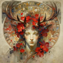 character concept portrait, head - on centralized, nature spirit with antlers, red flowers. detailed, abstract high quality, dynamic lighting, evocative, fantasy. artwork by artgerm, wlop, alex ross, greg rutknowski, alphonse mucha