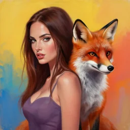 painting of [ hybrid between megan fox!!!!!! & red fox ], intercrossed human & animal, human face with fox whiskers and ears, artstation, mixture, by zdzislaw beksinski,, logical anatomy, bright hue's, vibrant tone gradient background, concept art, beautiful composition, digital painting,