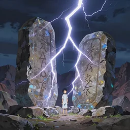 a beautiful ultradetailed anime illustration of lightning striking two ancient stone tablets, Mt. Sinai background, nightime, spiritual, miraculous by makoto shinkai, anime wallpaper 4k, prismatic