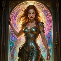 door, gorgeous woman, lord of the rings ,neon, fibonacci, sweaty, insane, intricate, highly detailed, digital painting, artstation, concept art, smooth, sharp focus, illustration, Unreal Engine 5, 8K, art by artgerm and greg rutkowski and alphonse mucha