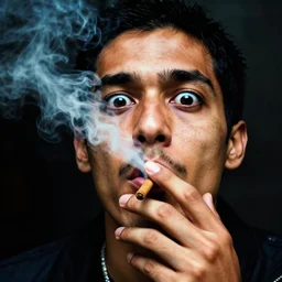 man smoking crack, eyes wide open, deep friends image, highly saturated, extreme detail,