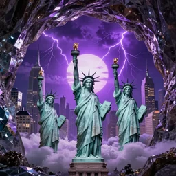 of a cave with a miniature futuristic photo - realistic new york city with mirror windows in a crystalline cave : 4, the statue of liberty : 2, highly symmetrical, balanced, purple lightning clouds : 3, octane render, clouds : 2, violet sun : 4, in the style of sahm : 3, hd, ultra - realistic, in unreal engine
