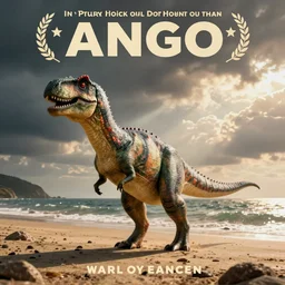 Pin up style poster of a dinosaur at the beach