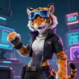 cyberpunk anthro tiger computer hacker spandex skater goggles cat person grinning netrunner tiger itsaunixsystem furry fursuit feline beastars