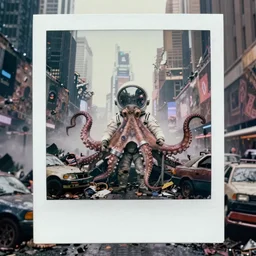 giant octopus wearing white spacesuits helmet standing in postapocalyptic abandoned destroyed times square, wrecked buildings, destroyed flipped wrecked cars, polaroid photo, vintage, foggy, 1 9 8 5, neutral colors, rainy day, color photo by shawn heinrichs by brian skerry by gregory crewdson
