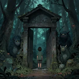 portail, kid lost in a dark forest surrounded by monsters, lois van baarle