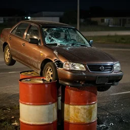 Action shot of a single 1993 brown nissan maxima crashing into two construction drums stacked on top of each other, the windshield is being smashed by the top construction drum, photo realistic, night, photo realistic, depth of field, award winning, cinematic, color graded
