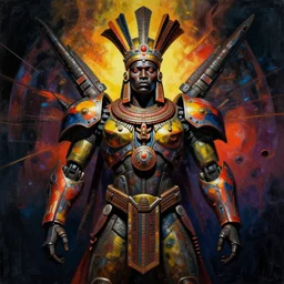 portrait of mecha african tribal chief, symmetrical, dramatic lighting, colourful, god, art by zdzislaw beksinski,