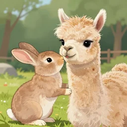 a rabbit lovingly kissing an alpaca's cheek in the style of gifford beal