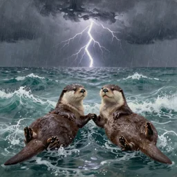 male and female otter laying on backs holding hands in a realistic stormy lightening and wind filled sea with smiling content faces despite chaos around them, a painting which is artistic full of love and peace despite fearful background