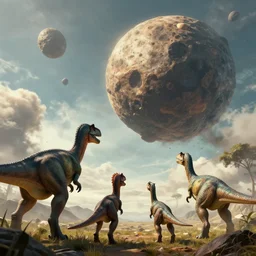 dinosaurs watching as a massive asteroid is heading towards them in the sky, digital art