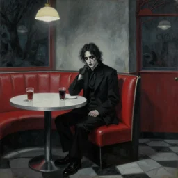 gothic painting of a man sitting alone in a diner