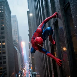 peter parker falling down a skyscraper building into dystopian rainy new york city street, lens flare deep focus, d & d, intricate, elegant, highly detailed, photo, 9 0 s, artstation, blade runner, 8 k, sharp focus, octane, unreal engine 5, global illumination, radiant