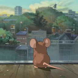a small mouse, standing, daydreaming in rainy day, view from behind, city in background, matte painting, by miyazaki, ghibli, dave melvin