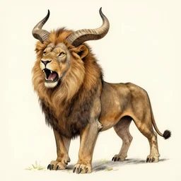 human / eagle / lion / ox hybrid with two horns, one big beak, mane, human body. drawn