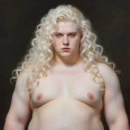 portrait of a young androgynous johan liebert with long curly platinum blond hair by sakimichan, big beefy chunky strong fat build, very very very very pale white skin platinum blond hair