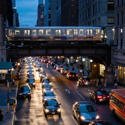 Busy new york city street full of cars at night ,futuristic industrial train on bridge over street, still photo