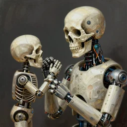 an i robot playing with a little puppet skull, torso portrait, intricate, elegant, volumetric lighting, scenery, digital painting, highly detailed, artstation, sharp focus, illustration, concept art, luis rollo, ruan jia, steve mccurry, john berkey