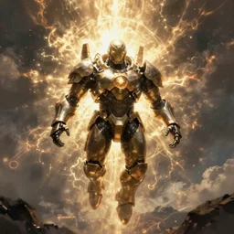 wide scene, armored sci - fi god of destructuion manifests floating in midair