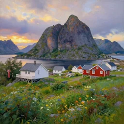 overgrown norwegian village at the coast, sunset, arctic, beautiful, impressionist art