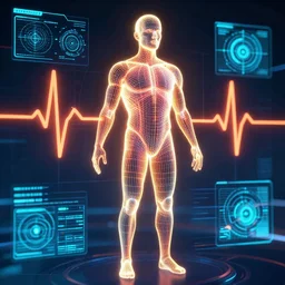 bright color, technical diagram, human performance, wireframe human, heartbeat, glowing wireframe, future scifi scene, biometric dials and displays in background, high detail, precise lines, angular, vector, biometric sensors, technical diagram