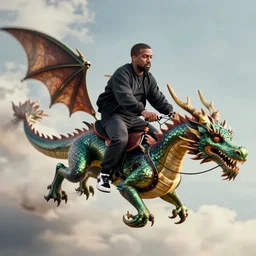 Kanye West riding a mighty dragon on air