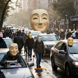 gray city, cars, crowds of people. persona mask is a huge mask and many, many small masks that do various things someone someone someone scribbles on a sewing machine someone sweeps the streets someone drives a car everyone at all masks you are wearing a mask with a forced smile. it's raining and somewhere the rays of the sun glide