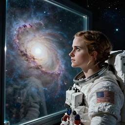 astronaut emma watson staring at a nebula that has been framed in glass