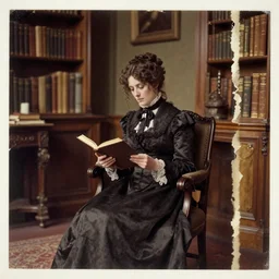 long shot, 1 9 th century photography portrait, eerie ambient ghost of a victorian woman reading in a chair, in well - lit art nouveau library room, torn photograph, photorealistic, 8 k