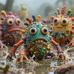 intricate colourful mud monsters with big eyes splash in the water, in the style of craola, macro lens, shallow depth of field, highly detailed, digital painting, trending artstation, concept art, illustration, cinematic lighting, vibrant colors, photorealism, epic, octane render