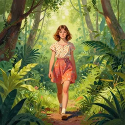 centre portrait of a girl walking through jungle!!, spring, early morning, symmetry, retro 8 0 s style, colourful, accurate, realistic illustration, art by peter elson