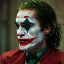 a forward facing profile shot of a man wearing the joker makeup doing the kubrick stare 8k, hyperrealism, cinematic lighting
