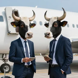 photorealistic portrait of two modern day businessmen holstein minotaurs are boarding an airliner airplane at airport having intellectual conversation technoir trending flickr artstation