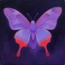 an oil painting of cute moth sea butterfly humanoid , superflat art, very ethereal, joy, painterly, heavy impasto, purple, scarlet and blue colours soft gradient, moth inspired dress, androgynous, happy calm, ambient, calming, vantablack, chiaroscuro