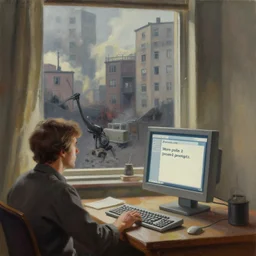 a man begs his computer and monitor for more dalle 2 prompts. the apocalypse outside his giant apartment window. oil painting, 1 9 7 0 s