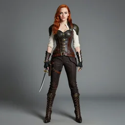 full body photo of emma stone as a steampunk rogue with daggers