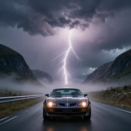 pontiac firebird trans - am driving towards the camera, norway mountains, cinematic, volumetric lighting, foggy, wide shot, low angle, large lightning storm, thunder storm, tornado