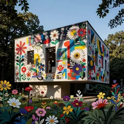 ( ( gediminas pranckevicius ) ) house by kengo kuma, art by syd mead and malevich, bright morning, very coherent, sharp, colorful high contrast, dark shadows, hard lighting, floralpunk flower garden, inking etching screen print paper cutout collage