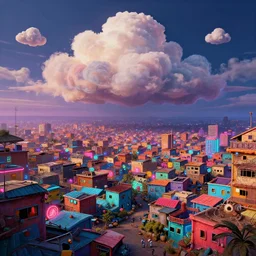 stylish - environment concept - art of a neon lit ajegunle slum in nigeria, puffy clouds, photographed by vivian maier, unreal engine 3 d vfx render, digital illustration by mike winkelmann, intricate detail, sharp, volumetric light, ray tracing, soft light, colourful, claymation, acrylic on canvas, cinestill, rule of thirds,