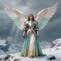royalty angel, big wings, argentina, hudson river school, max rive, full plate armor with cloth, f 1 6, bokeh, gentle, female, snowy mountain, storm clouds, god rays, landscape, d & d, fantasy, elegant, teal pink white gold color palette, concept art, roger deakins and greg rutkowski and alphonse mucha