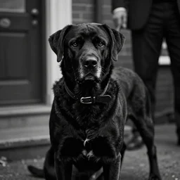 A still frame from a noir movie in black and white featuring an old big black dog who is a private investigator, cinematic composition, dramatic lighting