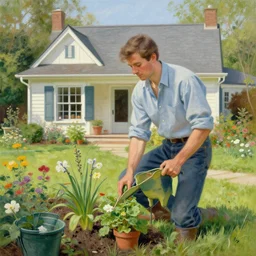 attractive man gardening by his idyllic home, painting by tom of finland, john william waterhouse, claude monet