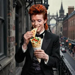 character portrait of a smiley david bowie sitting down on a fire escape eating a shawarma in gothic london, gothic, john singer sargent, muted colors, moody colors, illustration, digital illustration, amazing values, art by j. c. leyendecker, joseph christian leyendecker, william - adolphe bouguerea, graphic style, dramatic lighting, gothic lighting