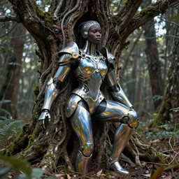 hyperrealistic post-maximalist super expressive! black woman with exoskeleton armor, merging with tree in a forest, highly detailed digital art masterpiece smooth cam de leon hannah yata dramatic pearlescent blue yellow light ground angle hd 8k sharp focus