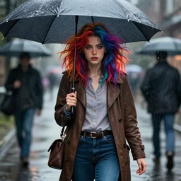 a stylish girl with freckles and wild colorful hair walks in the rain with an umbrella | | fine detail!! anime!! realistic shaded lighting!!, directional lighting 2 d poster by ilya kuvshinov, magali villeneuve, artgerm, jeremy lipkin and michael garmash and rob rey