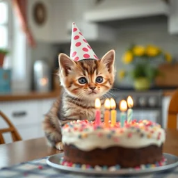 photo of a kitten wearing a cone party hat with a defocused birthday cake with lit candles in the foreground, in a country home midday on a kitchen table, 8 k, 8 5 mm f 1. 8