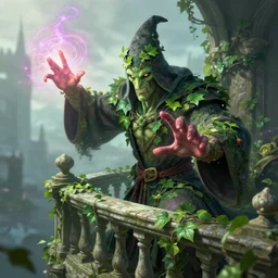 a detailed concept art of a closeup of a powerful wizard casting spells in a stone balcony. poison ivy. magic. particles. gopro. morning. trending on artstation, craig mullins, rutkowski