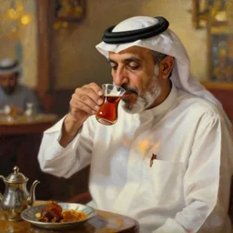 old middle eastern man drinking from a glass cup of tea, oil painting, cozy, sunlight, refraction, glassware, teahouse, golden highlights