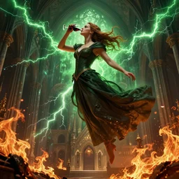 a highly detailed matte painting of emma watson as an unbelievably powerful sorceress, drinking wine, floating high in the sky in a church, surrounded by fire in the air doing blood magic, viewed in profile from far away, crackling green lightning, ultrawide lens, art by artgerm and greg rutkowski and alphonse mucha, volumetric lighting, octane render, 4 k resolution, trending on artstation, masterpiece