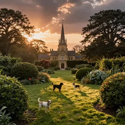 surreal english park with dogs and shrubbery, sunset